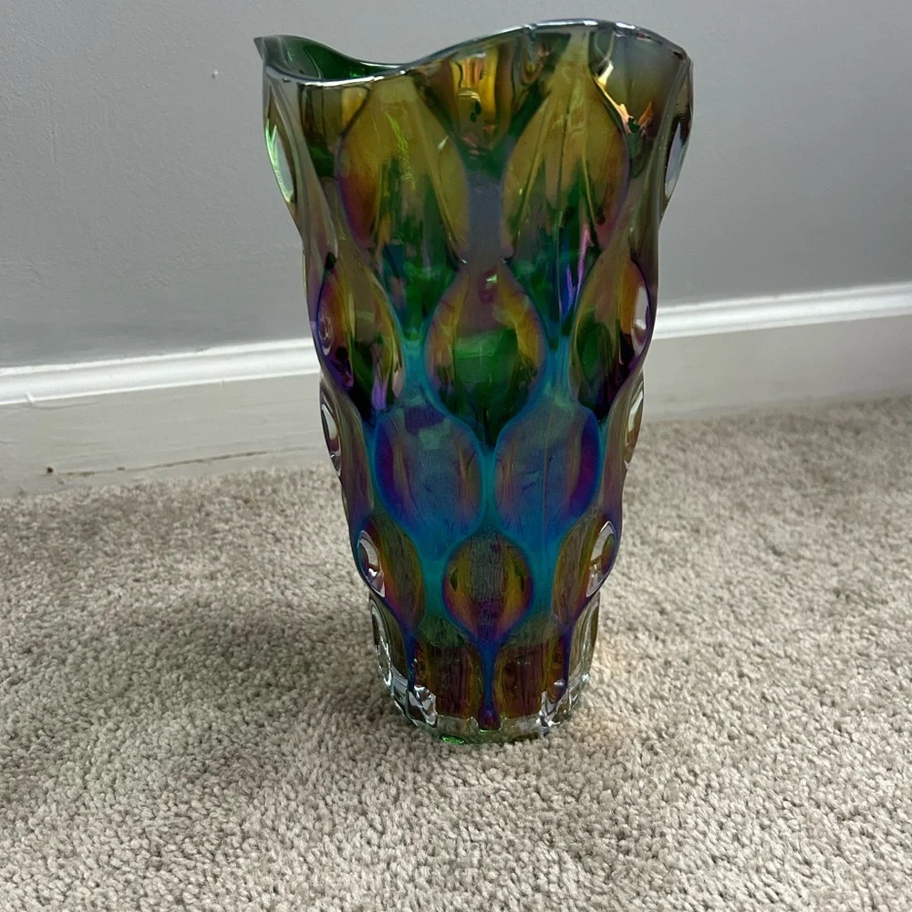 Large Green Optic Iridescent Glass Vase - Picture 3 of 7